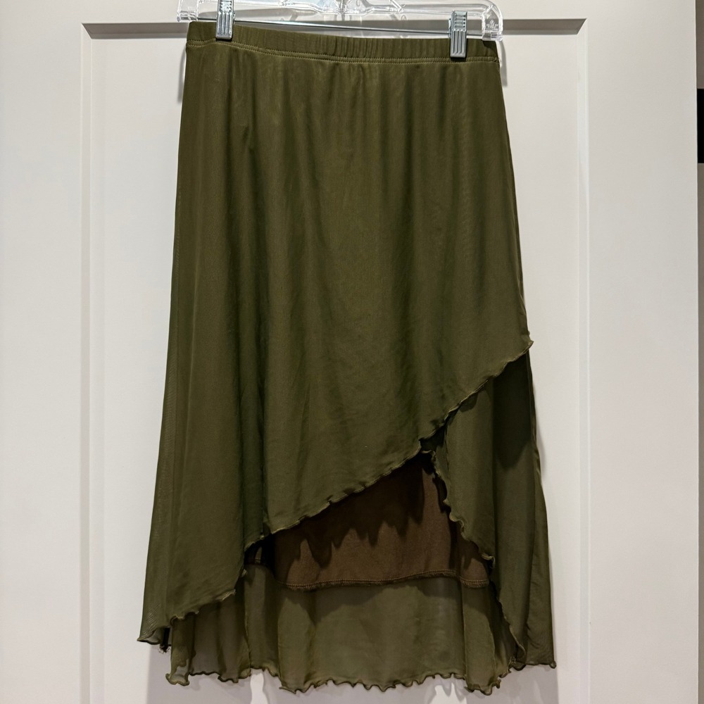 Asymmetrical Fairy Grunge ROMWE Olive Green Mesh Midi Skirt M Layered Y2K